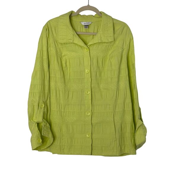 CJ Banks Jacket Women 2X Bright Lime Textured Button Front Stretch Cotton Light - Picture 1 of 8